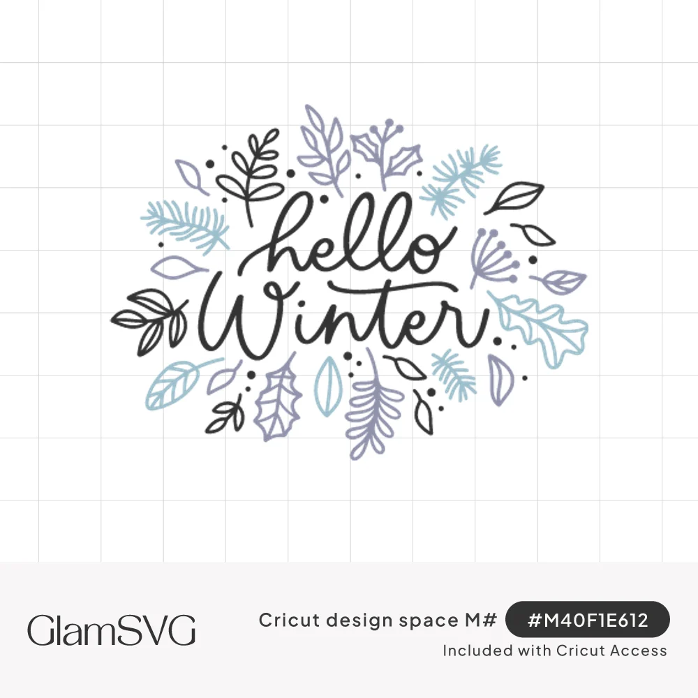 Hello Winter script lettering surrounded by outlined pine, holly, fern and berry sprigs in blue, lavender and black