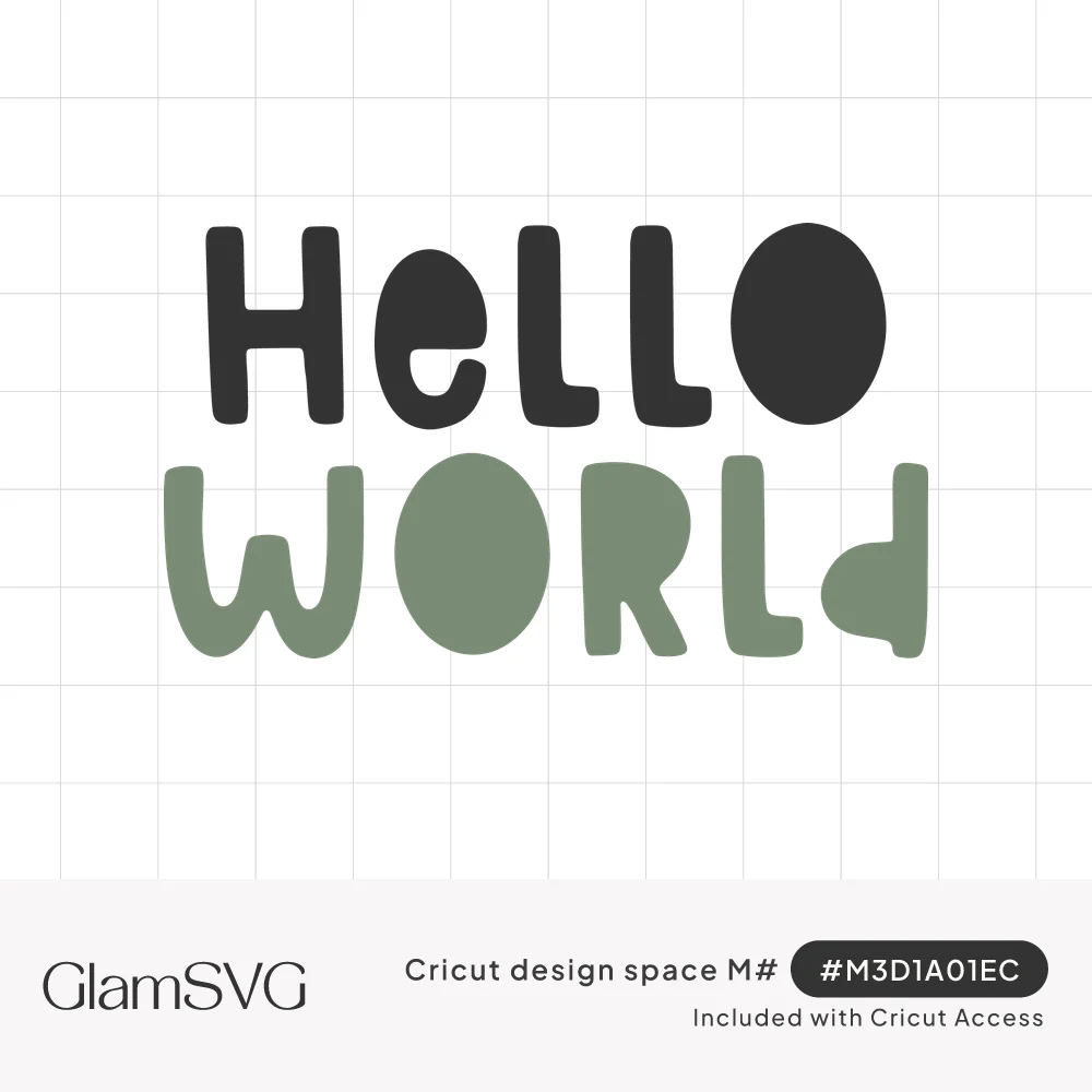 Hello World in chunky playful lettering, with Hello in charcoal and World in sage green