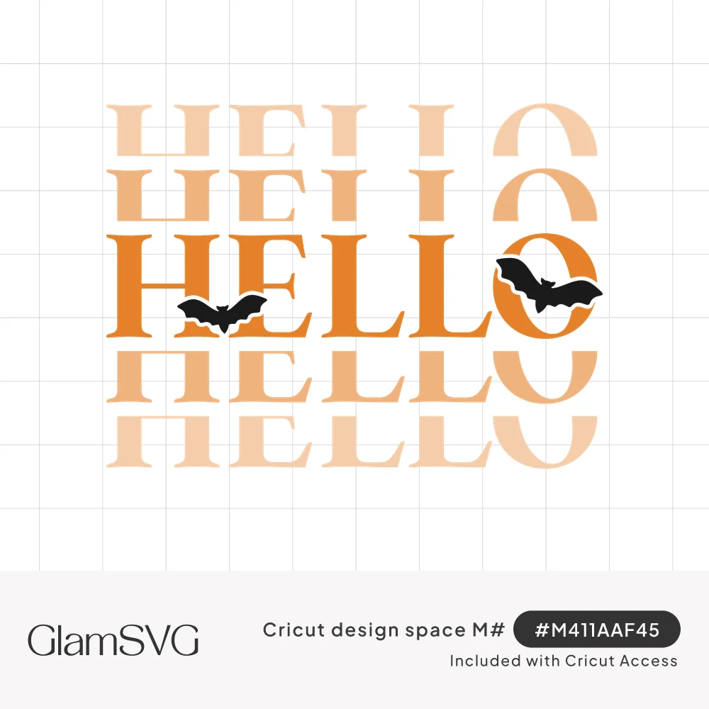 The word HELLO repeated five times in orange serif letters fading to peach, with two black bats on the middle line