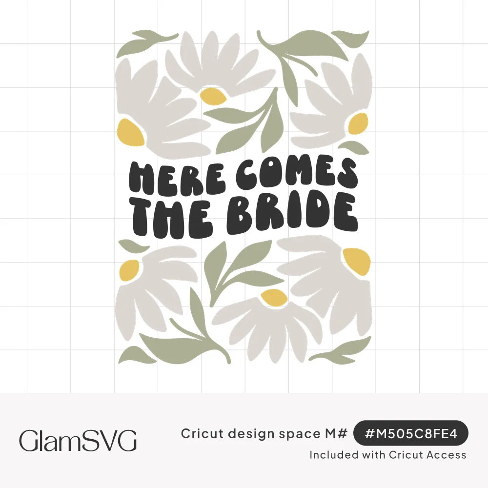 Black bubbly text reading Here Comes the Bride surrounded by cream daisies with yellow centers and sage green leaves