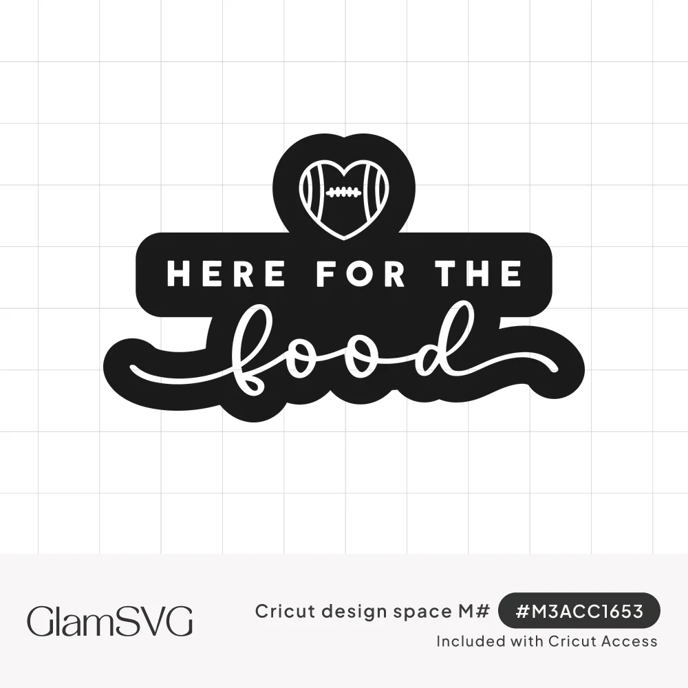Black and white design reading Here for the food in caps and script, topped with a heart shaped like a football