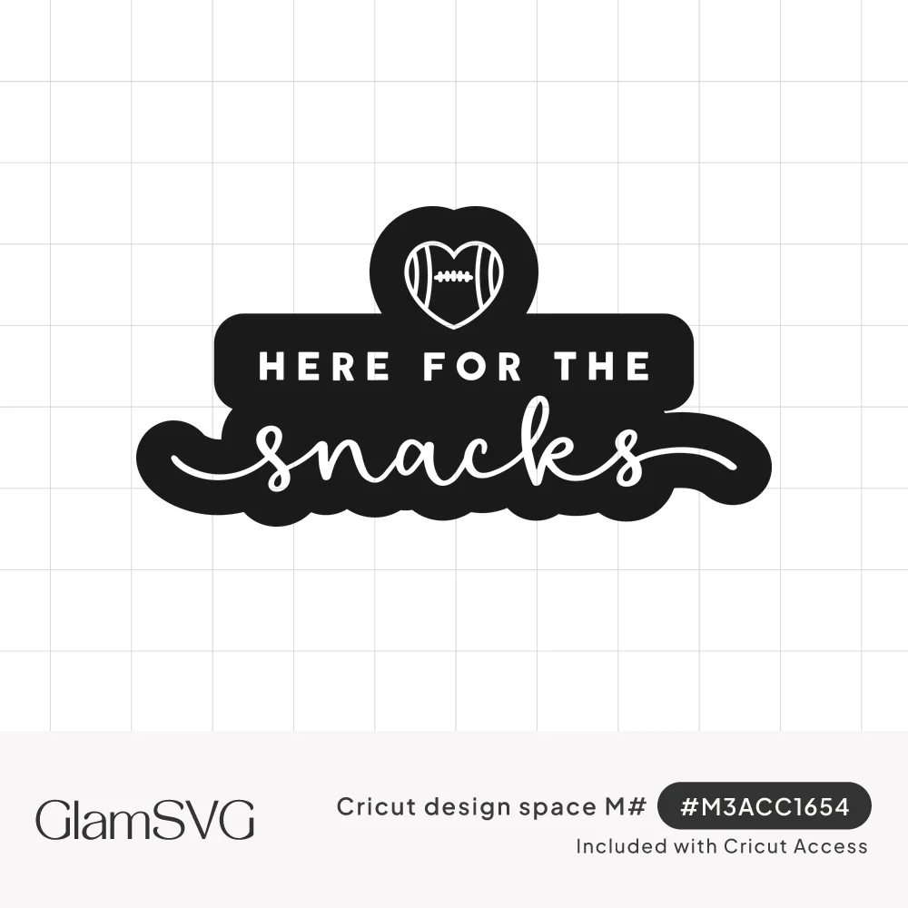 Black sticker-style design with a heart-shaped football above white text reading Here for the Snacks in block and script