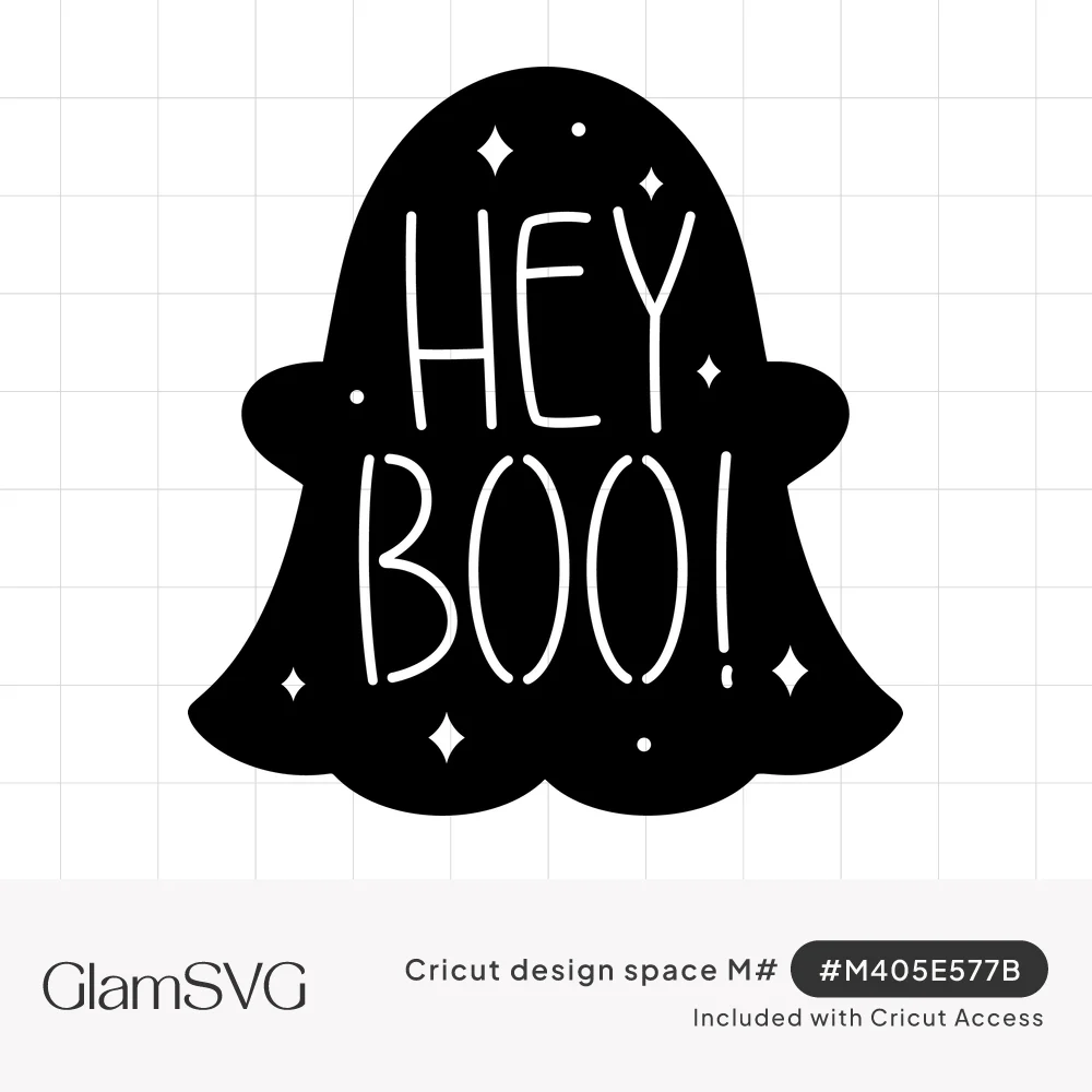 Black ghost silhouette with the words Hey Boo in thin hand-lettered caps and small sparkle stars cut out
