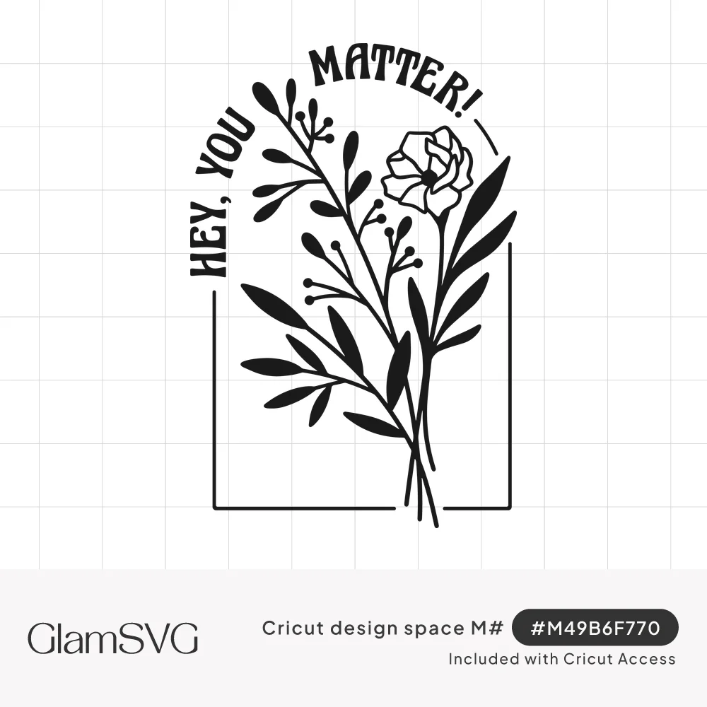 Black line wildflower bouquet with one open bloom inside an arch frame, with Hey, You Matter! lettering curved above
