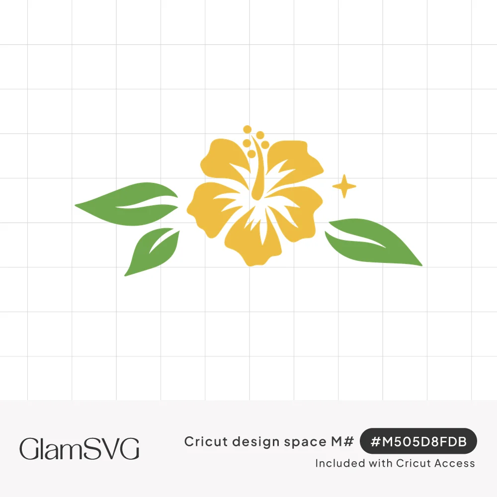 Yellow hibiscus flower with three green leaves and a small four-point sparkle on a white background