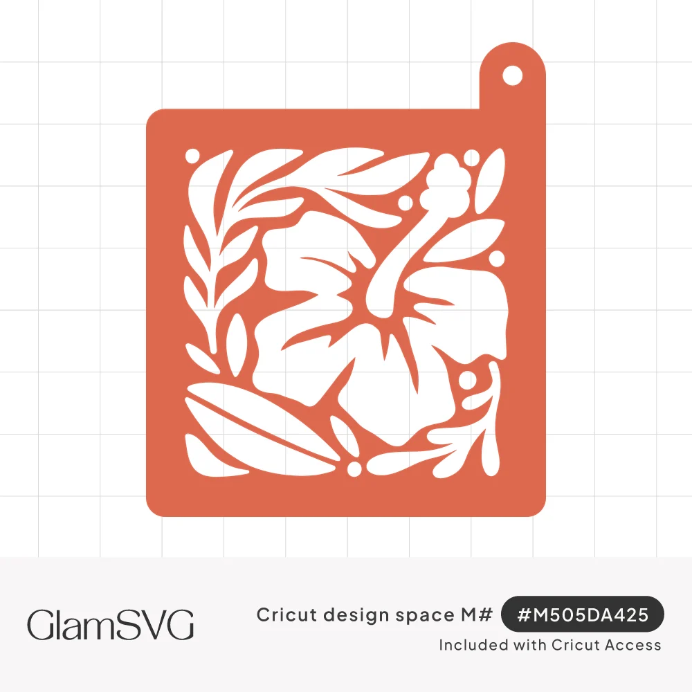 Coral square stencil with a hanging tab, showing a hibiscus flower surrounded by tropical leaves in cutout negative space