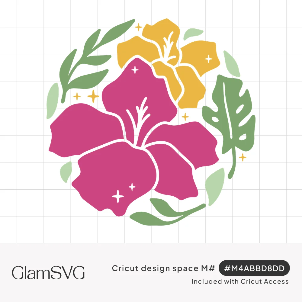 Round tropical design with a magenta hibiscus and yellow hibiscus surrounded by green monstera and palm leaves and sparkles