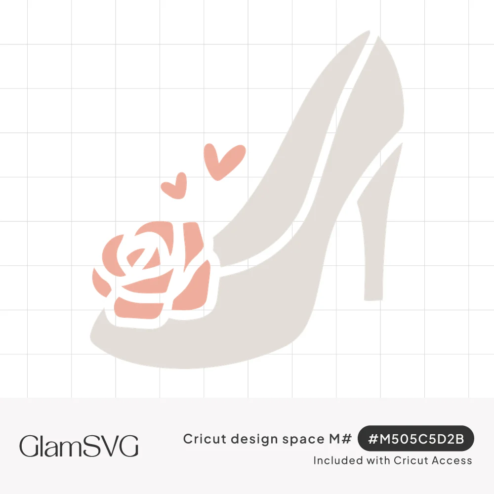 Pale gray high heel pump with a peach rose on the toe and two small pink hearts floating above it