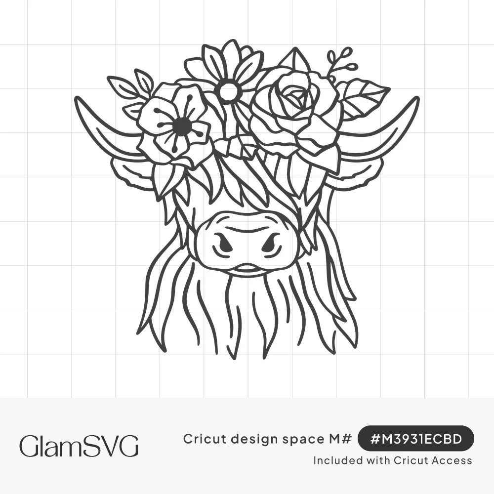 Line art of a shaggy highland cow face with curved horns wearing a flower crown of roses, daisies and leaves