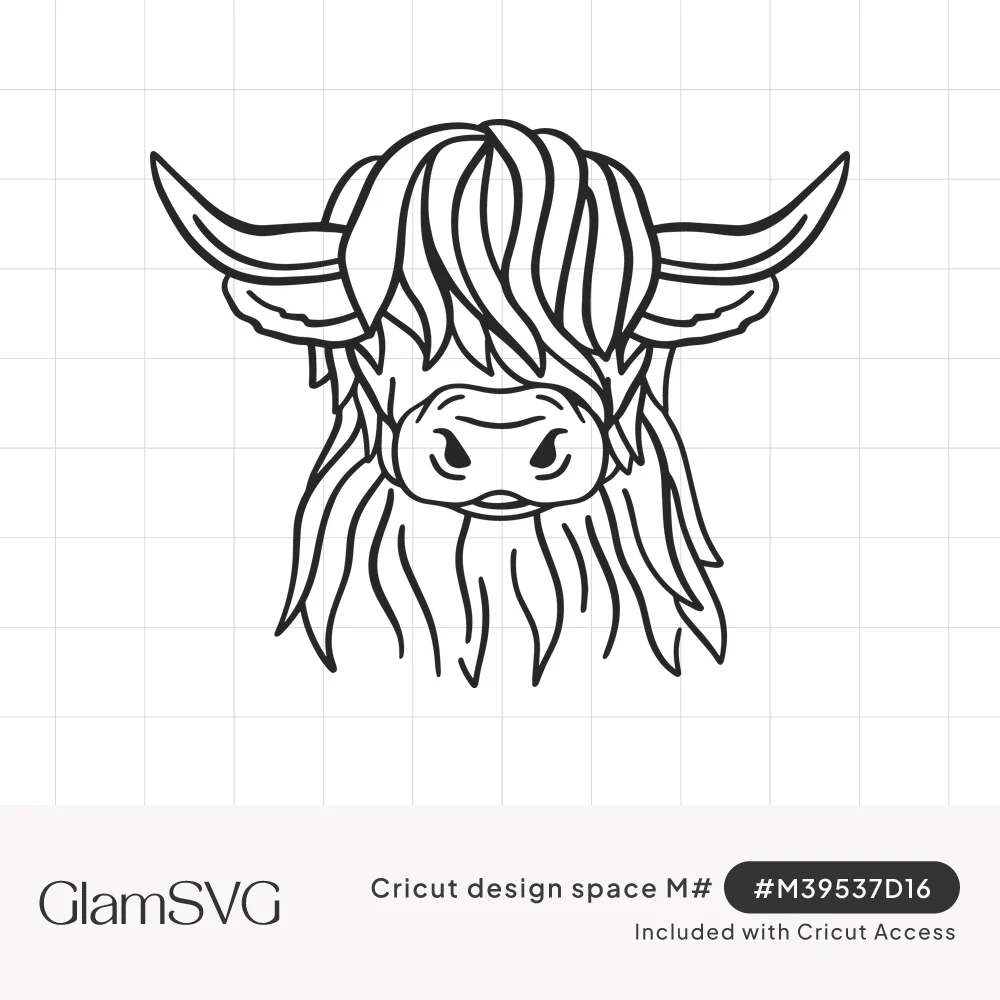 Black line drawing of a highland cow face with long wavy bangs, shaggy fur and curved horns