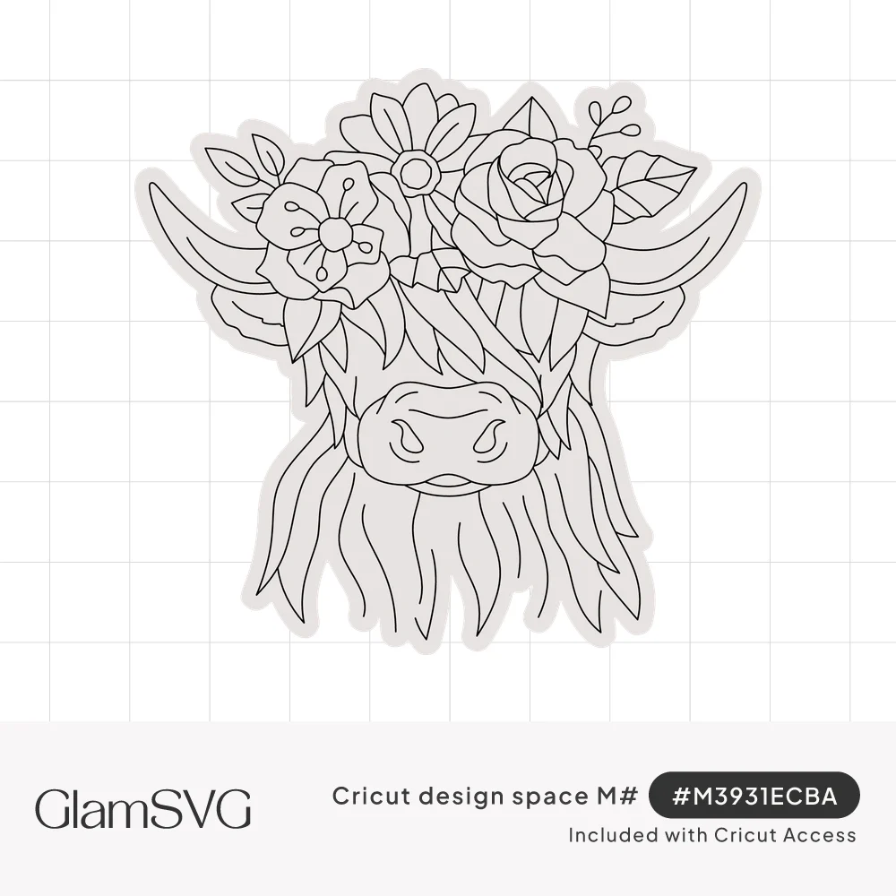 Line drawing of a shaggy highland cow head with curved horns wearing a crown of roses, daisies and leaves