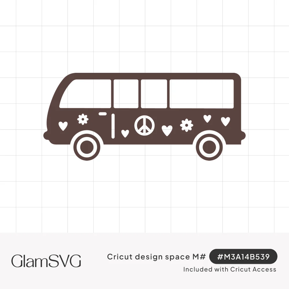 Silhouette of a retro hippie van with cut-out hearts, daisy flowers and a peace sign on its side