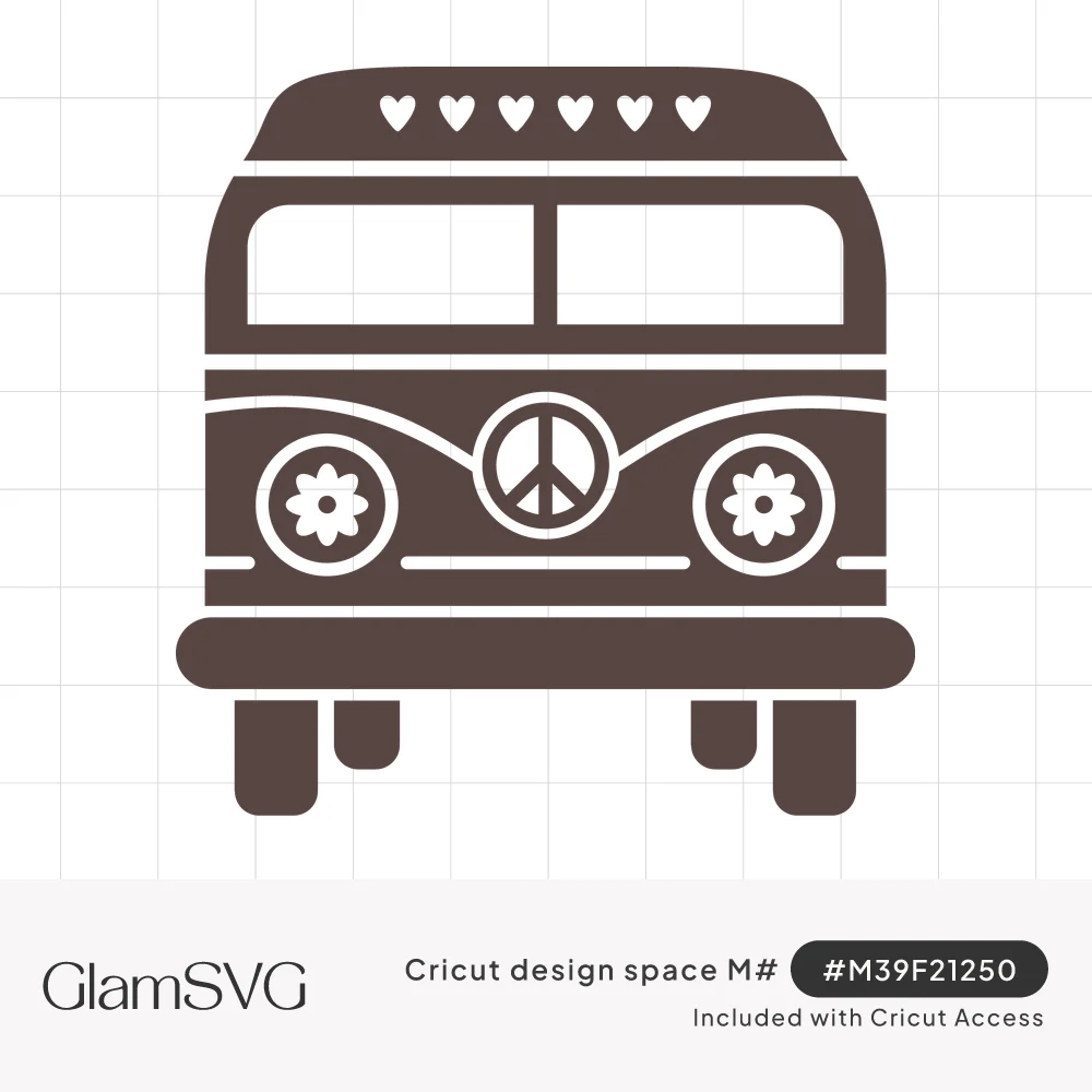 Brown silhouette of a front-facing hippie van with a peace sign, daisy headlights and hearts across the roof