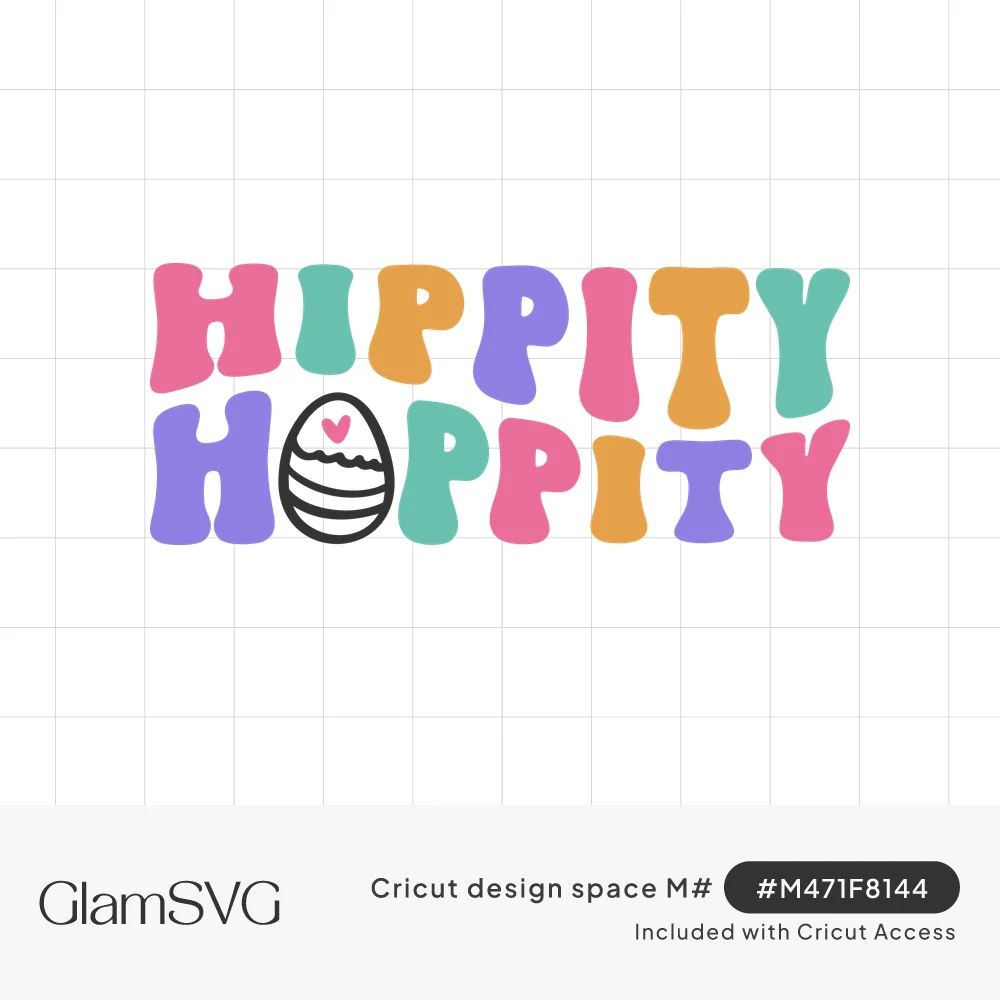 Groovy Hippity Hoppity lettering in pink, orange, purple and teal with a striped Easter egg replacing the letter O