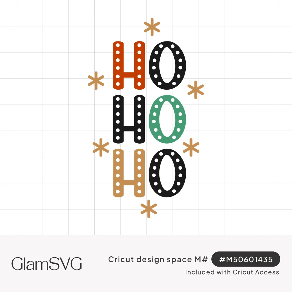 Stacked HO HO HO letters in orange, black, green and tan with white marquee dots and tan starbursts