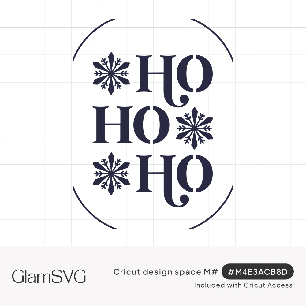 Stacked Ho Ho Ho lettering in navy serif type with three alternating snowflakes inside a thin oval outline
