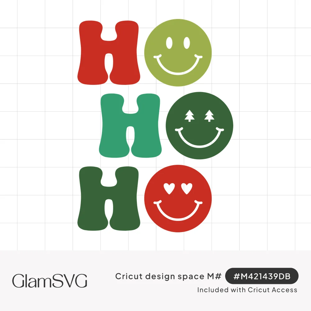 Stacked bubbly HO HO HO letters in red and green with smiley faces, including Christmas tree eyes and heart eyes
