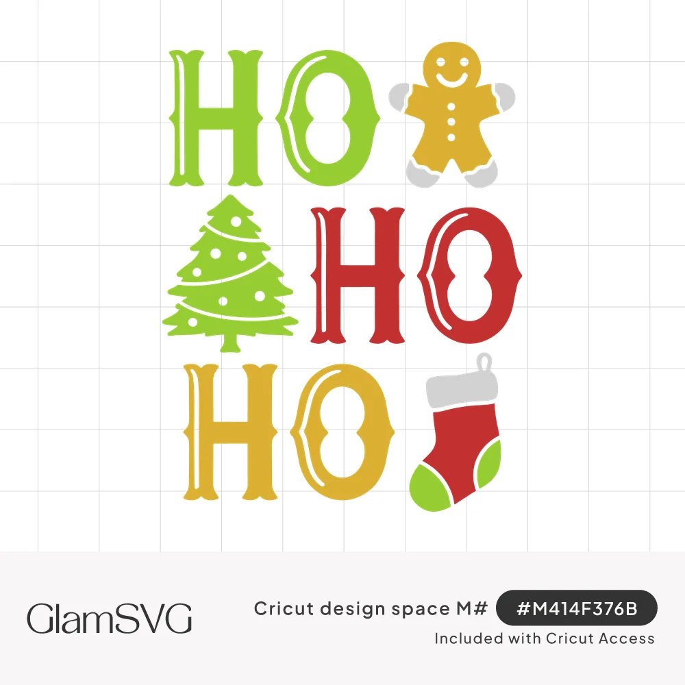 HO HO HO in green, red and yellow letters with a gingerbread man, Christmas tree and red stocking