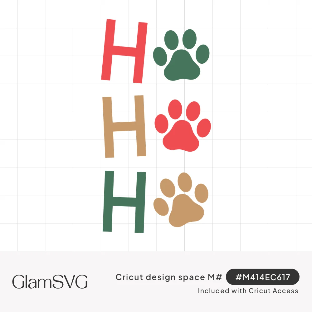 Stacked letters H in red, tan and green, each beside a paw print forming the words Ho Ho Ho
