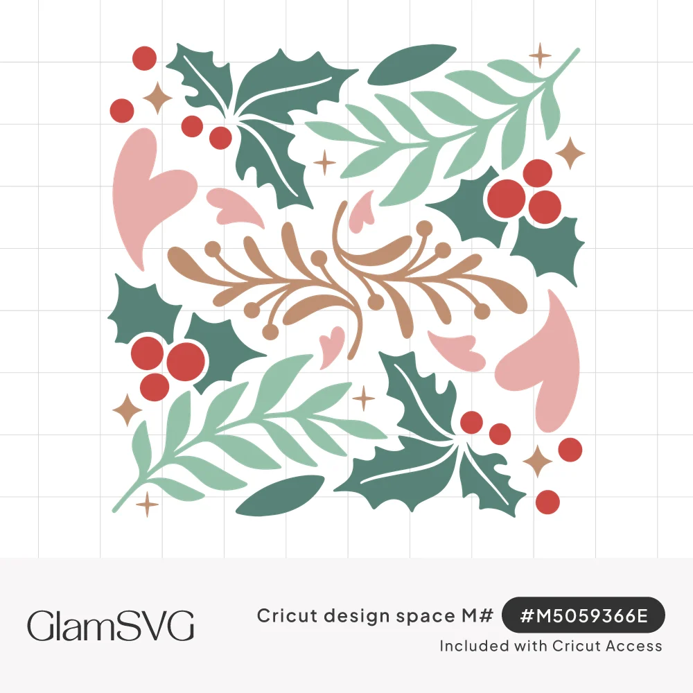 Square arrangement of green holly leaves, red berries, sage sprigs, pink hearts, a copper branch and small sparkles