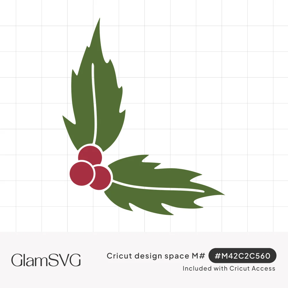 Two green holly leaves forming an L-shaped corner with a cluster of three red berries where they meet