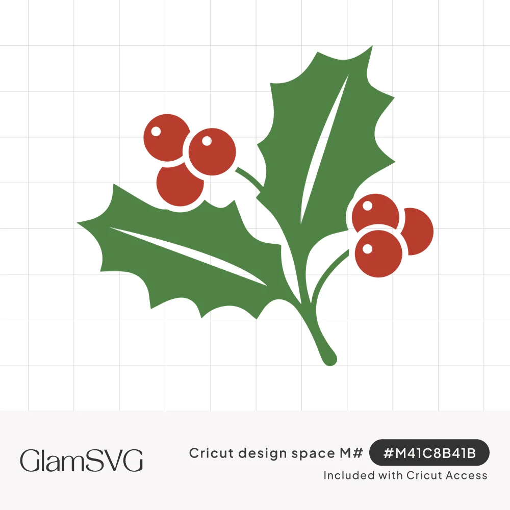 Green holly branch with three spiky leaves and two clusters of red berries on a white background