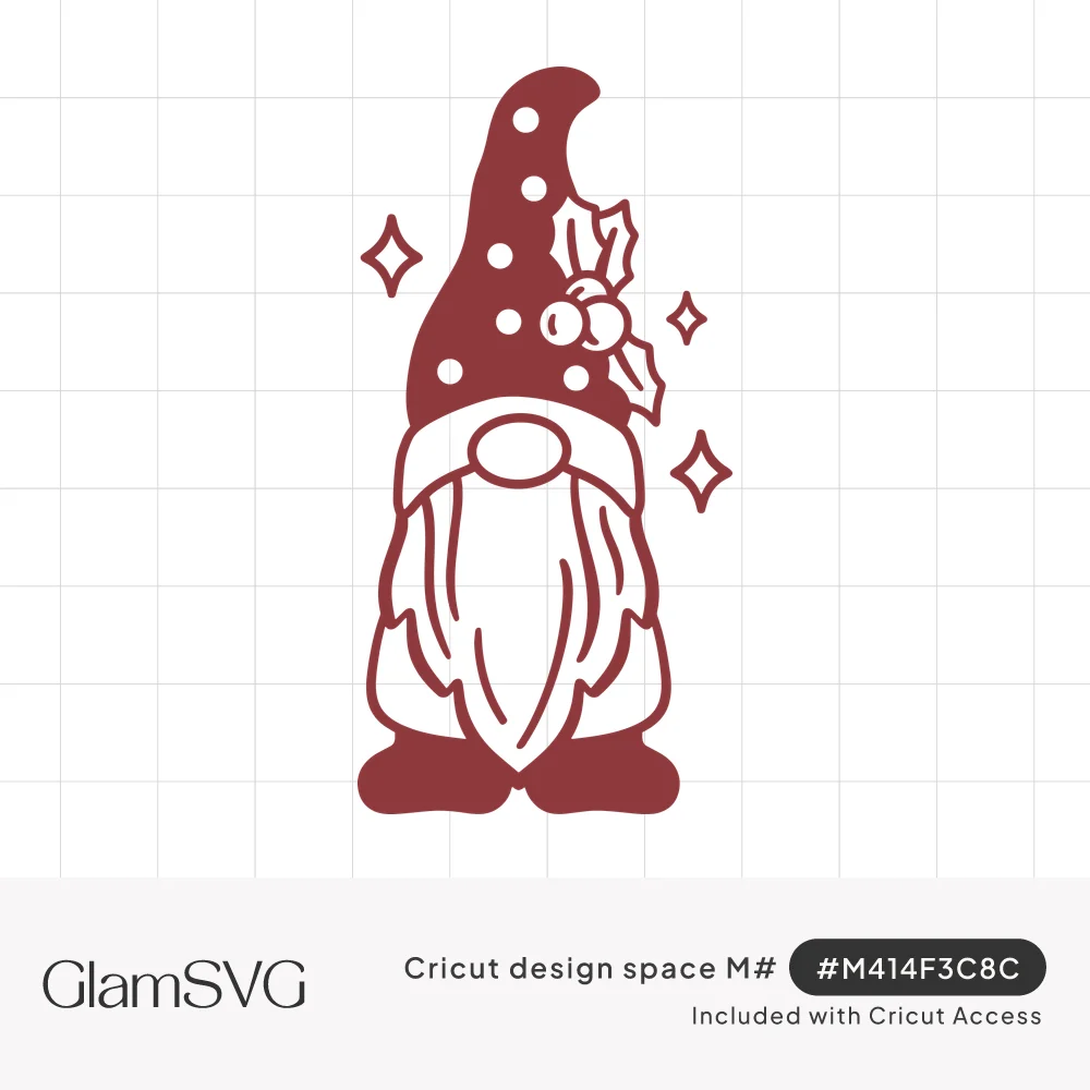 Red line art Christmas gnome with polka dot hat, holly leaves and berries, long beard, boots and sparkles around him