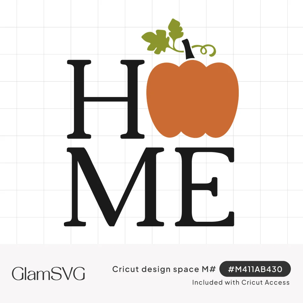 The word HOME in black serif letters stacked in two rows, with an orange pumpkin with green leaves replacing the O