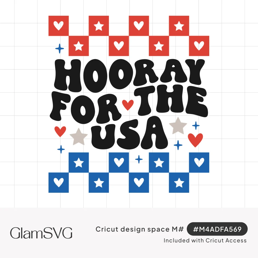 Groovy black text Hooray for the USA between red and blue checkerboard bands with hearts, stars and sparkles