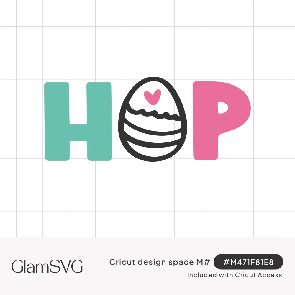 The word HOP in teal and pink block letters, with a striped Easter egg with a pink heart replacing the O