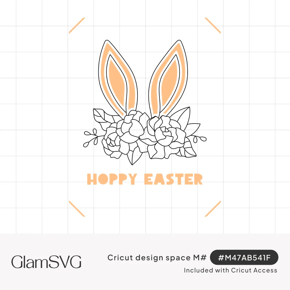 Peach bunny ears above a crown of outlined peonies and leaves, with Hoppy Easter lettering and 2023 below