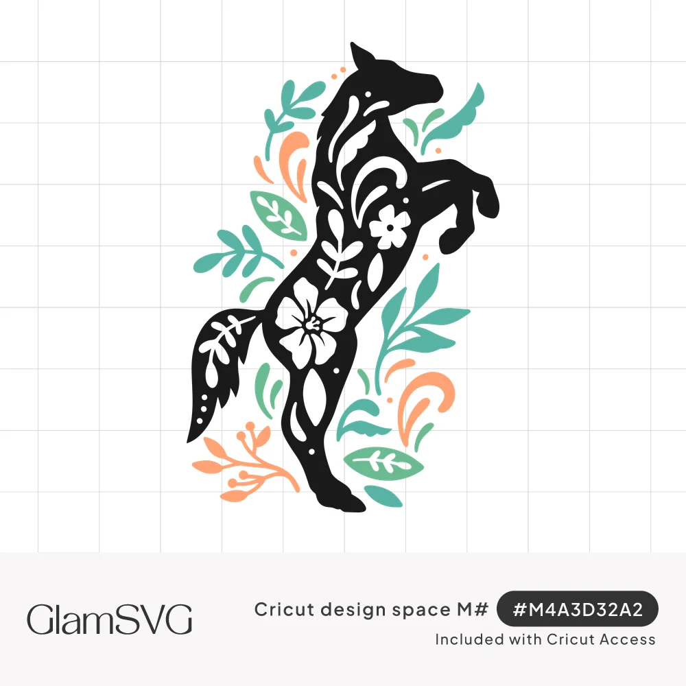 Black rearing horse silhouette with white floral cutouts surrounded by teal and coral leaves and swirls