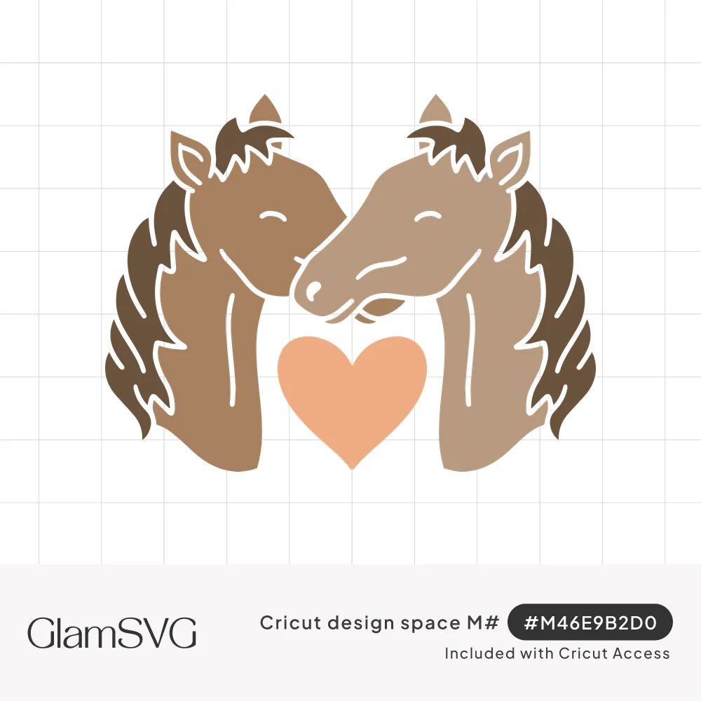 Two brown horse heads with flowing manes nuzzling with closed eyes above a peach heart