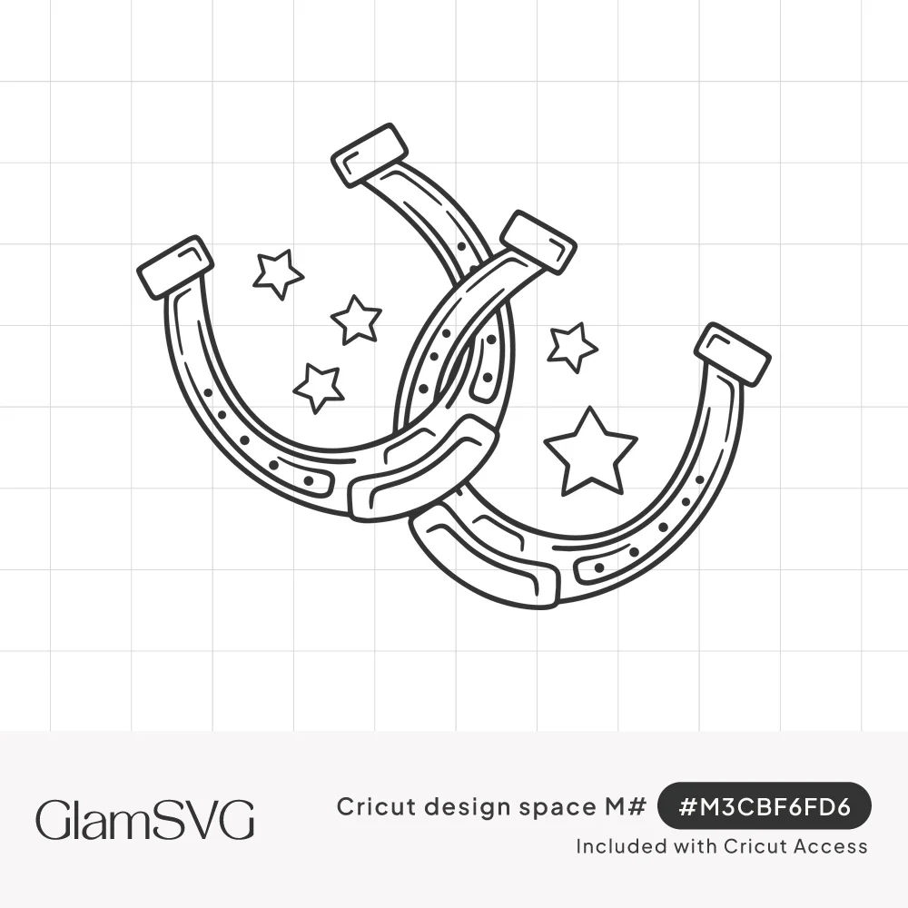 Line art of two interlocking horseshoes with nail holes, surrounded by small outlined stars