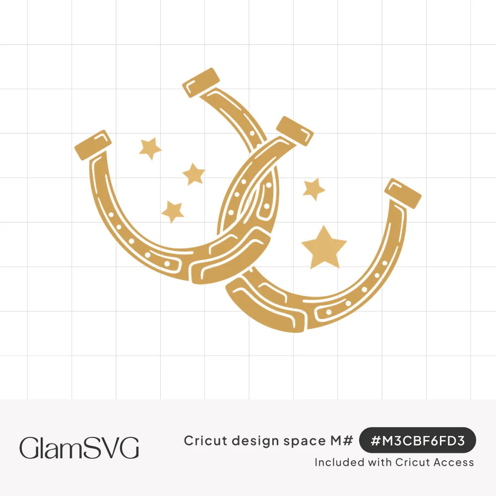 Two overlapping gold horseshoes with nail hole details and small stars scattered around them