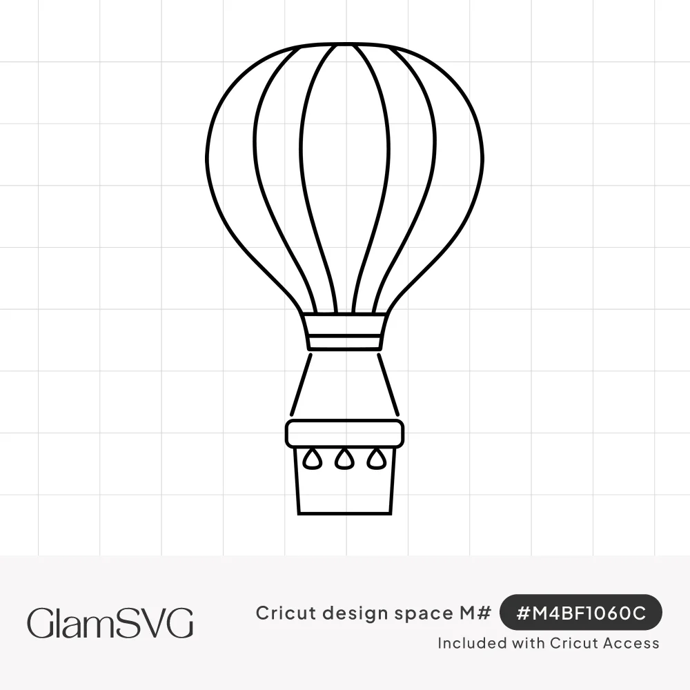 Black line art of a hot air balloon with curved vertical panels and a small basket decorated with teardrop shapes