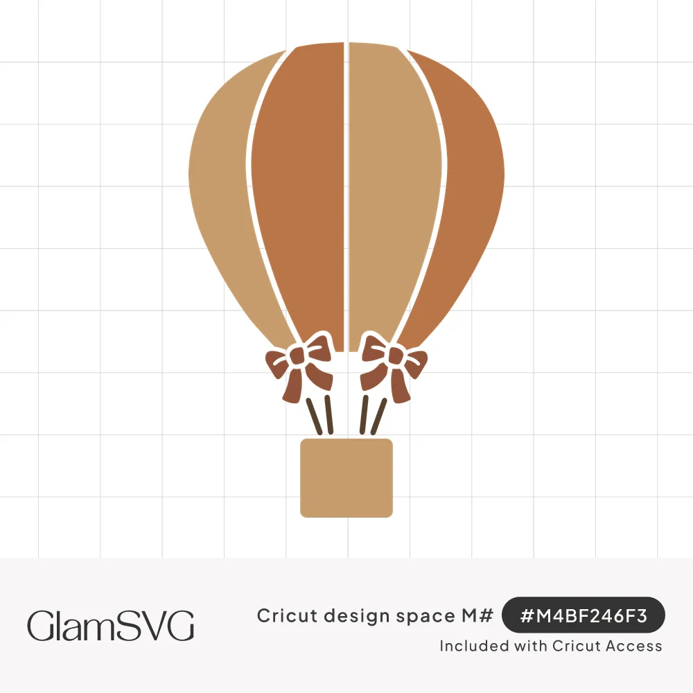 Hot air balloon with tan and terracotta striped panels, two brown bows on the ropes, and a square tan basket