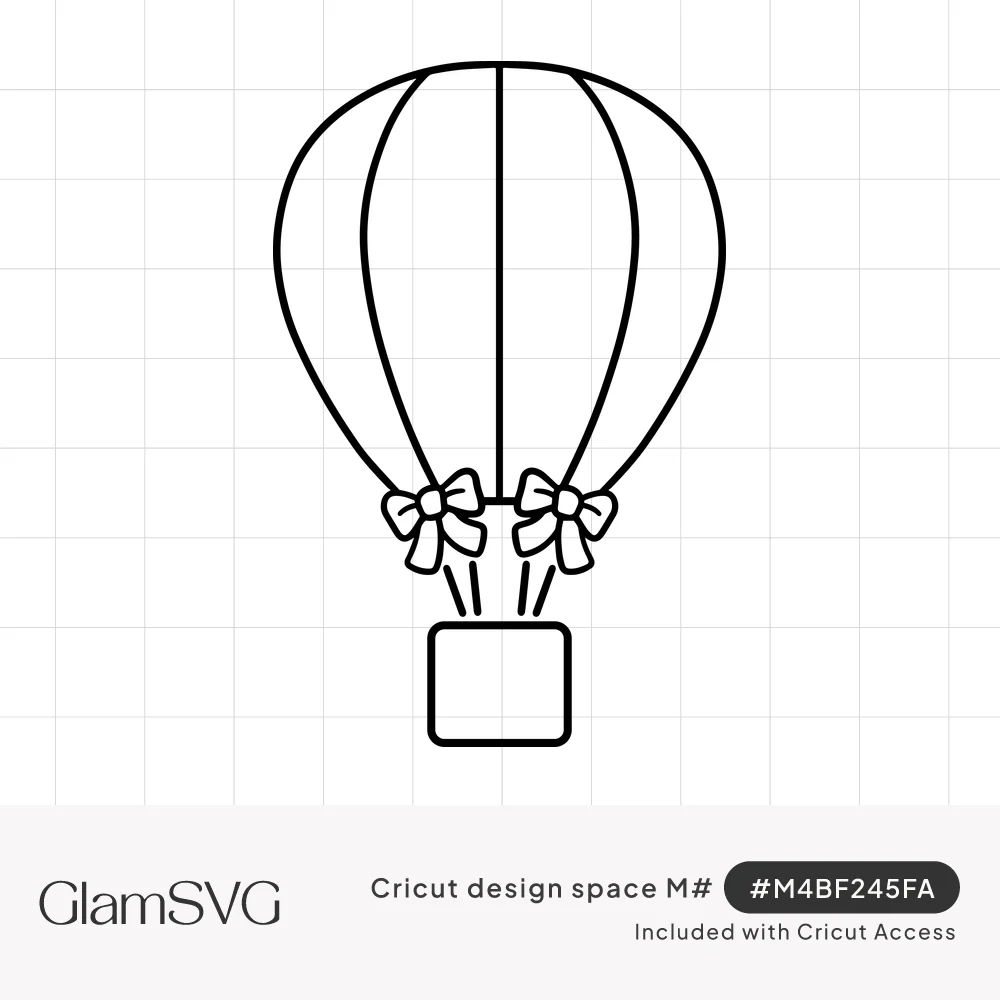Black outline drawing of a hot air balloon with paneled envelope, two bows at the ropes and a square basket
