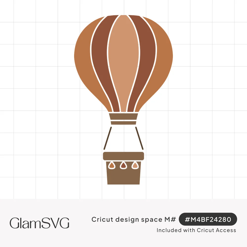 Striped hot air balloon in terracotta, rust and tan tones with a brown basket trimmed in teardrop shapes