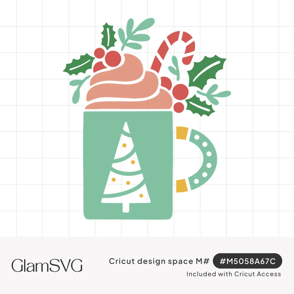 Green mug with Christmas tree cutout, topped with pink whipped cream, candy cane, holly leaves and red berries
