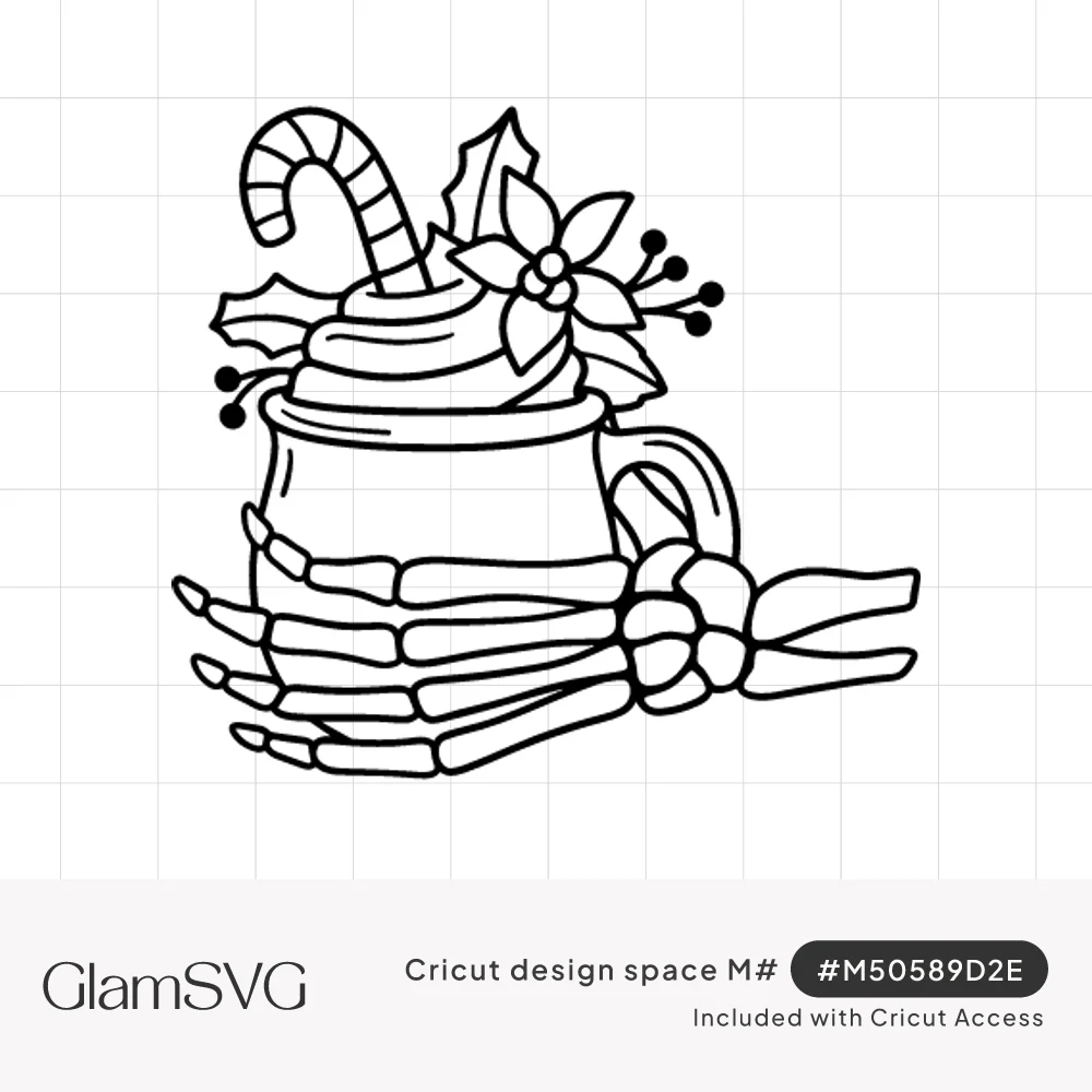 Black line art of skeleton hands holding a hot chocolate mug with whipped cream, candy cane, holly and poinsettia