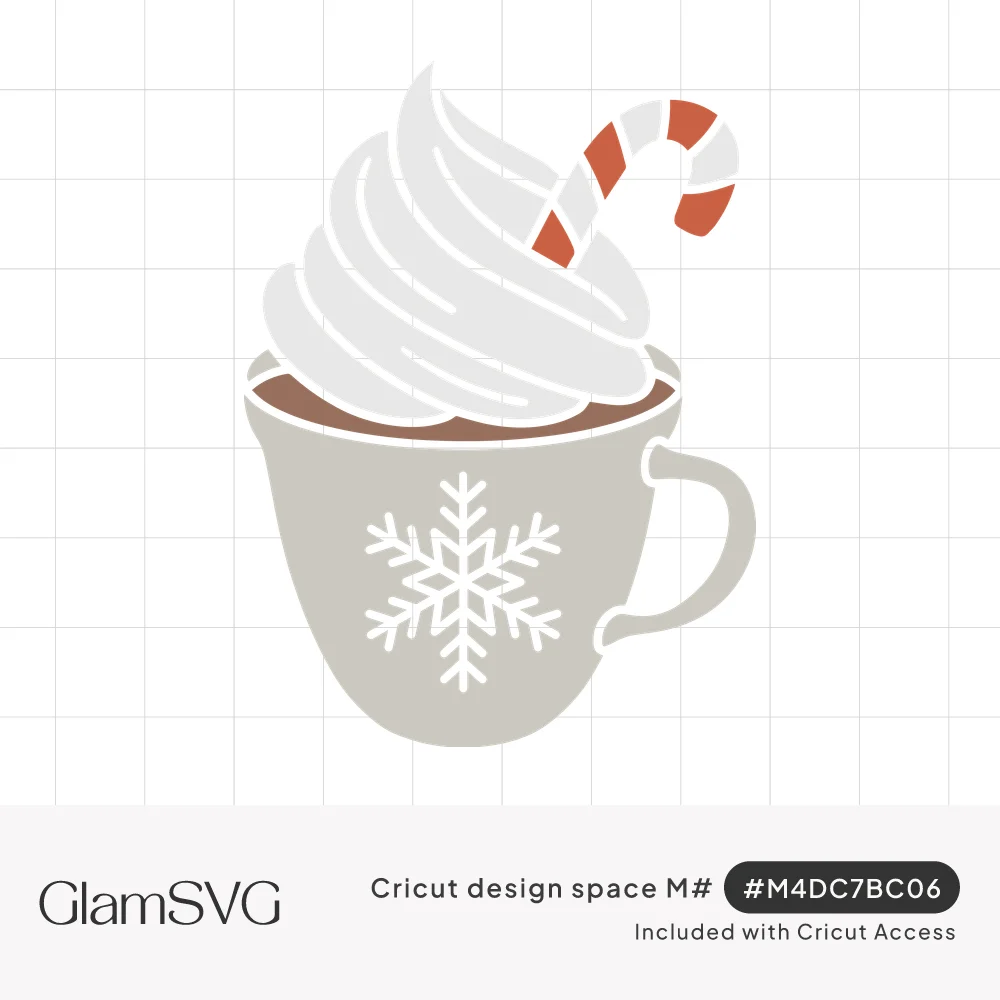 Illustration of a gray mug with a white snowflake, filled with hot chocolate, whipped cream and a red and white candy cane