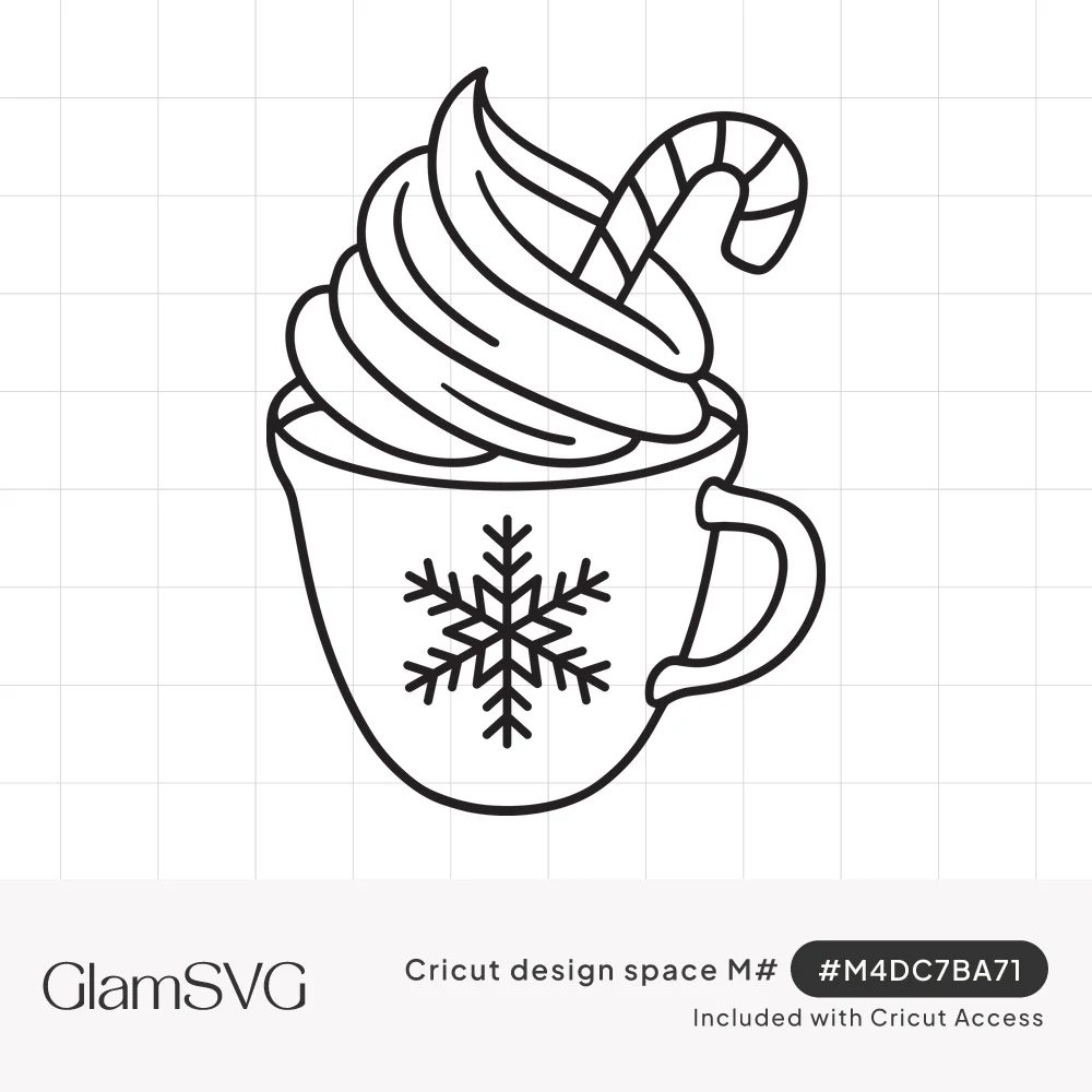 Outline drawing of a mug with a snowflake, topped with swirled whipped cream and a striped candy cane