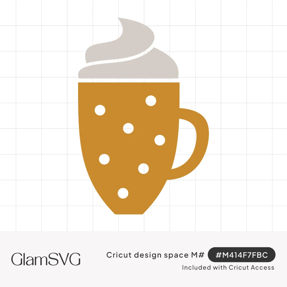 Mustard-gold mug with white polka dots and a gray swirl of whipped cream on top