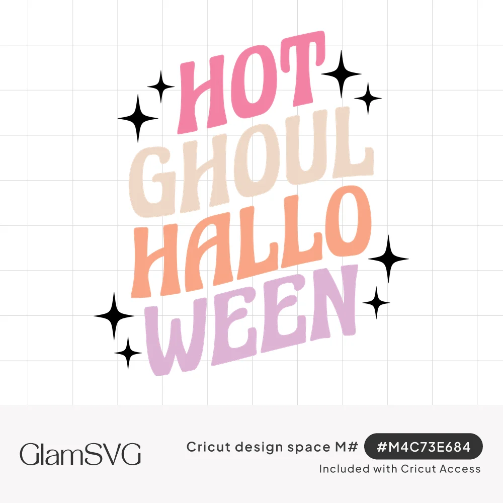 Wavy pastel pink, cream, peach and lavender text reading Hot Ghoul Halloween surrounded by black sparkle stars