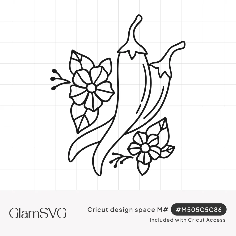 Black outline drawing of two long chili peppers surrounded by flowers, leaves and small berry sprigs