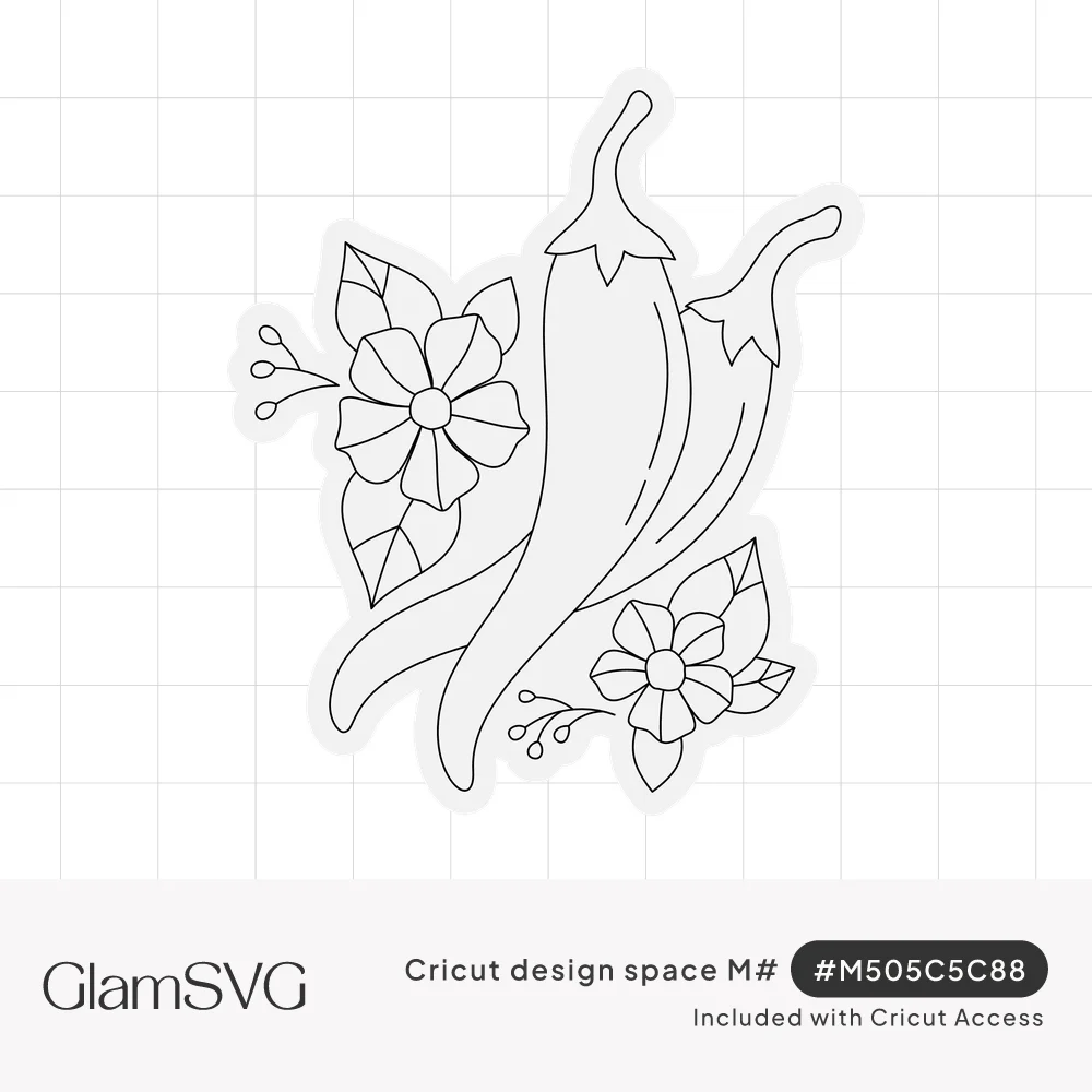 Line art of two chili peppers surrounded by flowers, leaves and berry sprigs inside a sticker-shaped outline