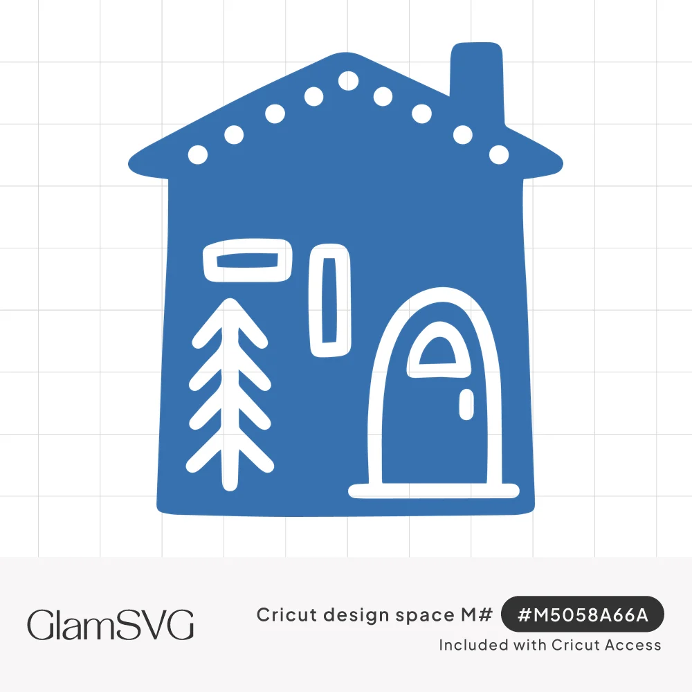 Blue silhouette of a small house with dotted string lights on the roof, a chimney, pine tree, windows and arched door