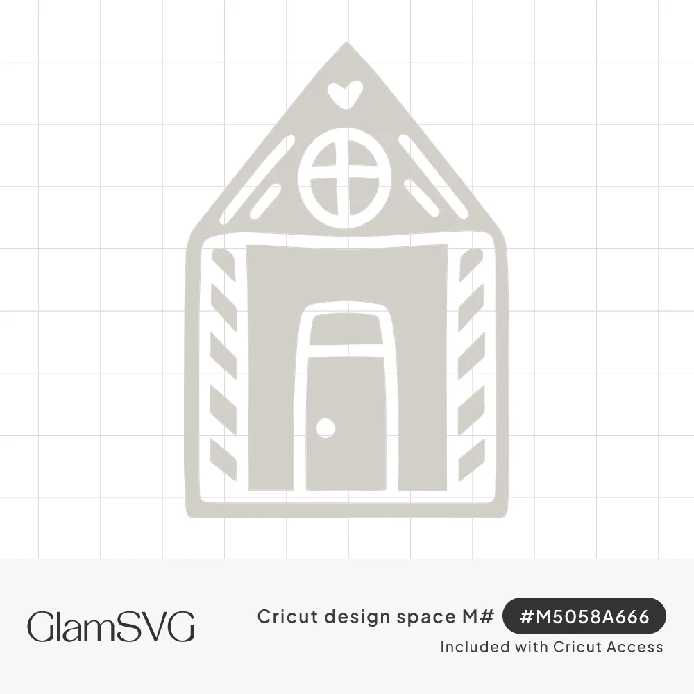 Gingerbread house silhouette with heart on the roof, round window, candy cane striped sides and an arched door