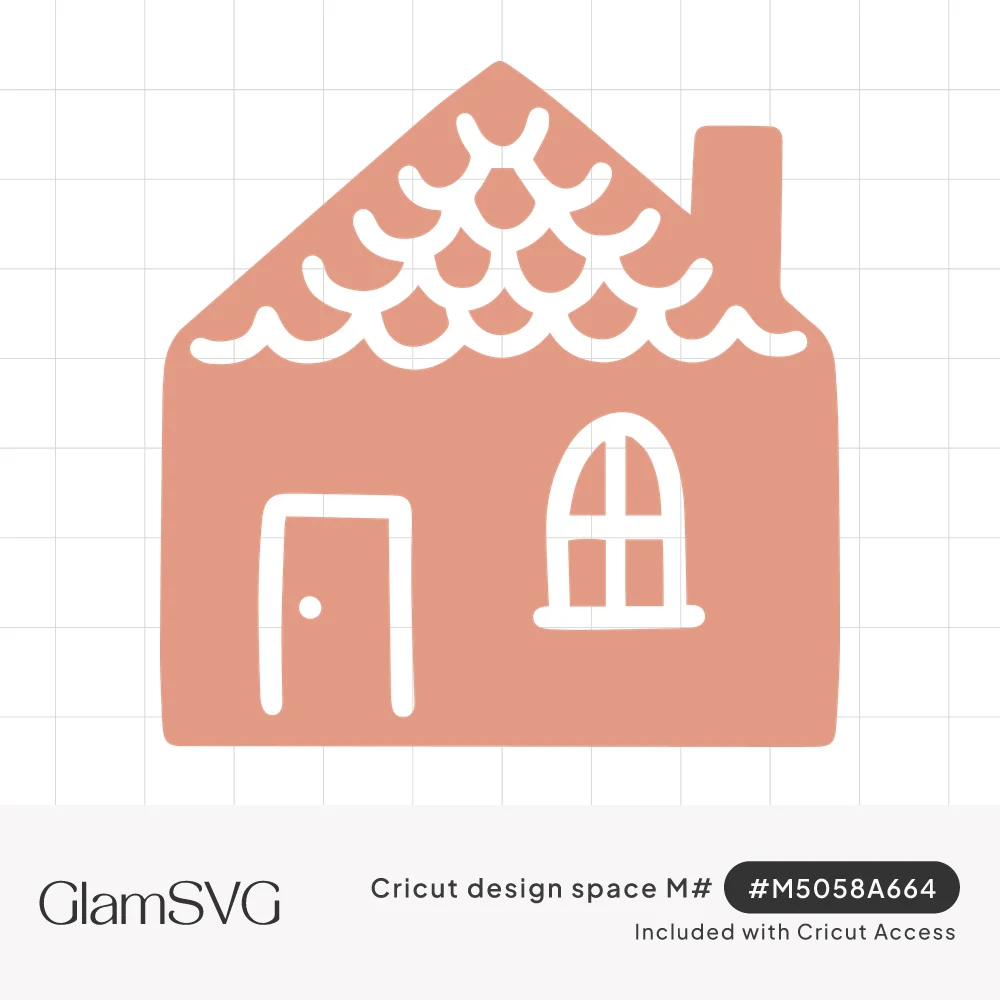 Pink gingerbread house silhouette with white scalloped icing on the roof, a chimney, arched window and door